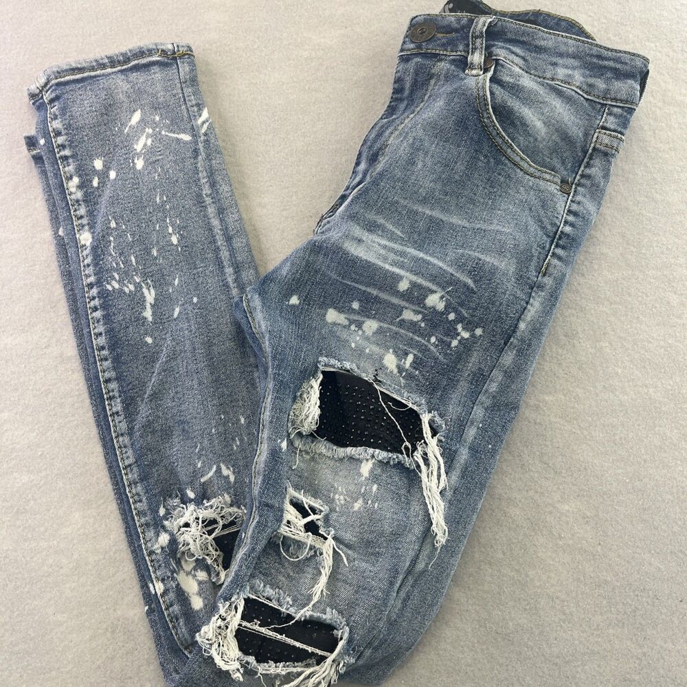 Waimea Unisex Size 16 Skinny Fit Paint Splatter Distressed Patch Jeans Denim